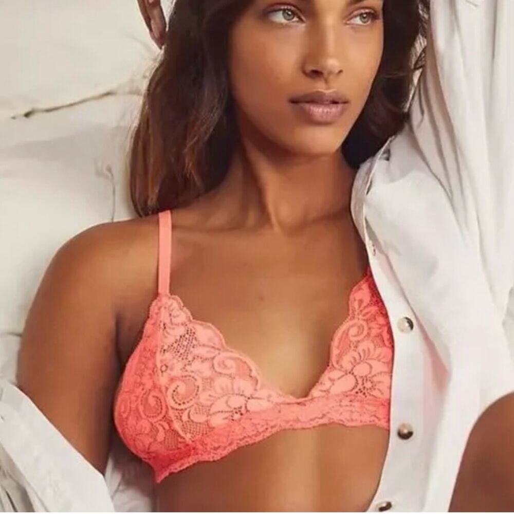 We Are HAH Chi Bralette Fried Salmon Pink Floral Lace Sheer‎ Adjustable XS NEW